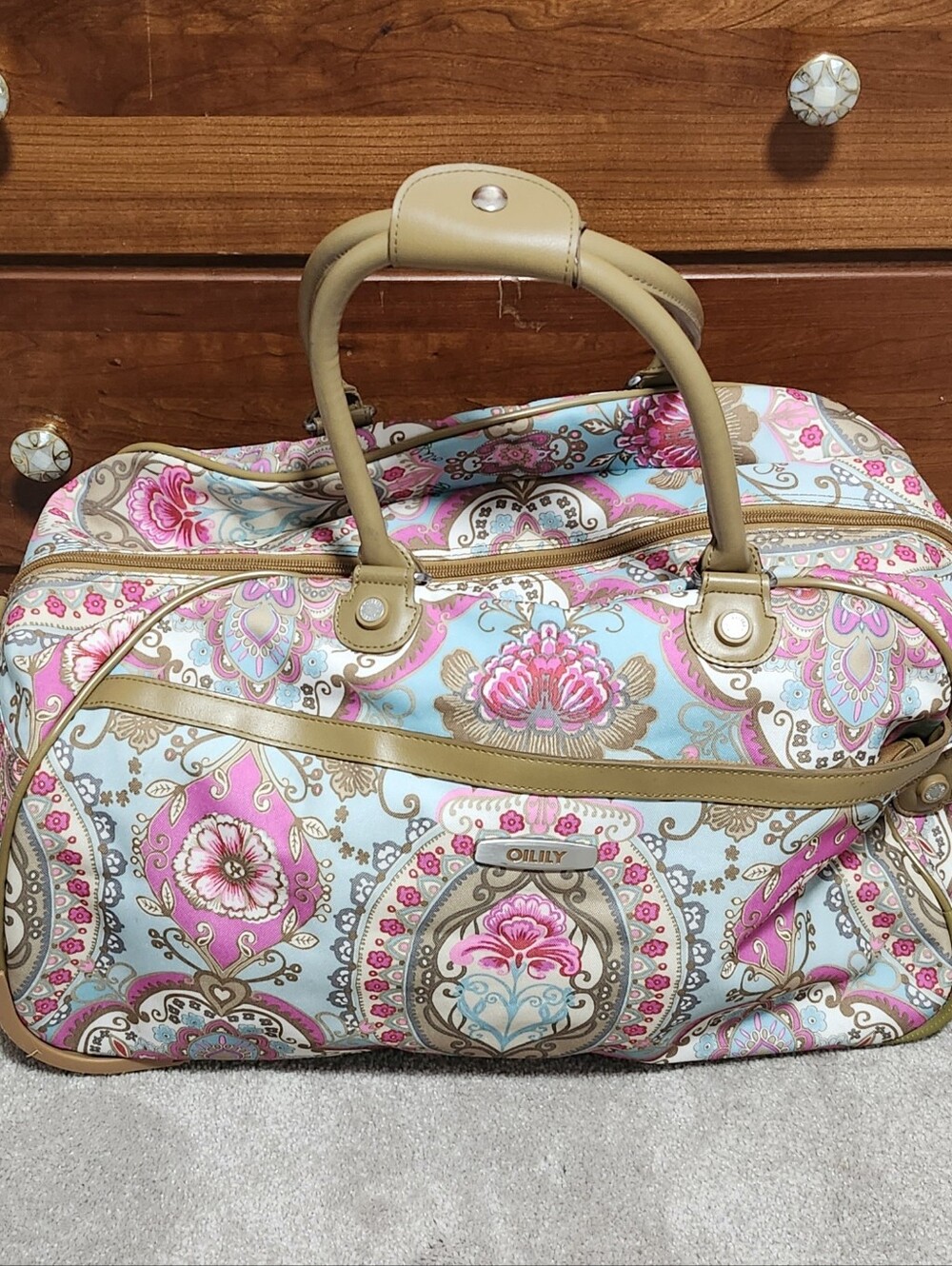 Oilily Floral Travel Bag Weekender in Light Blue, Pink & Tan Suffle With Wheels